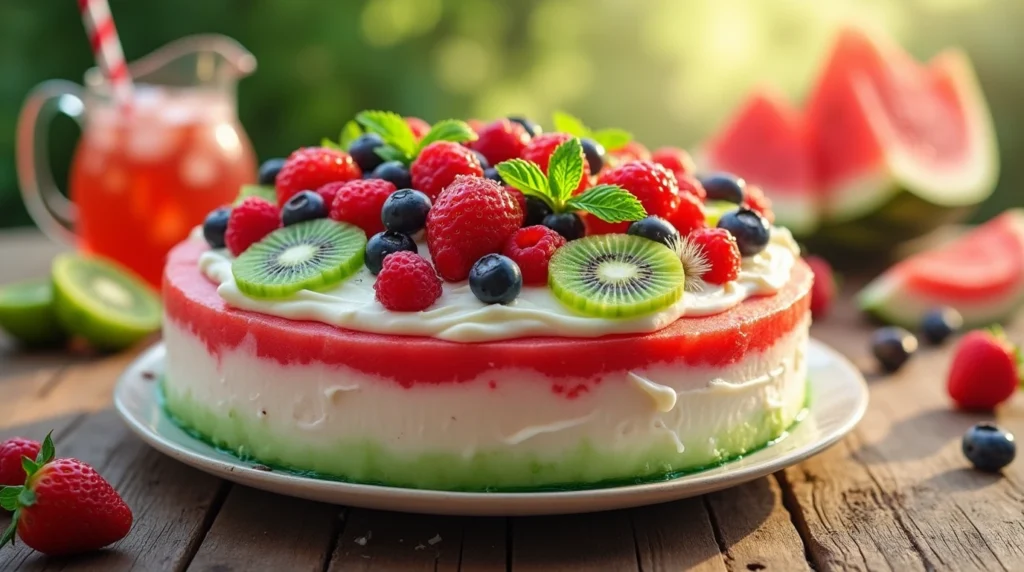 A stunning, ultra-realistic photo of a beautifully decorated watermelon cake placed on a rustic wooden table.